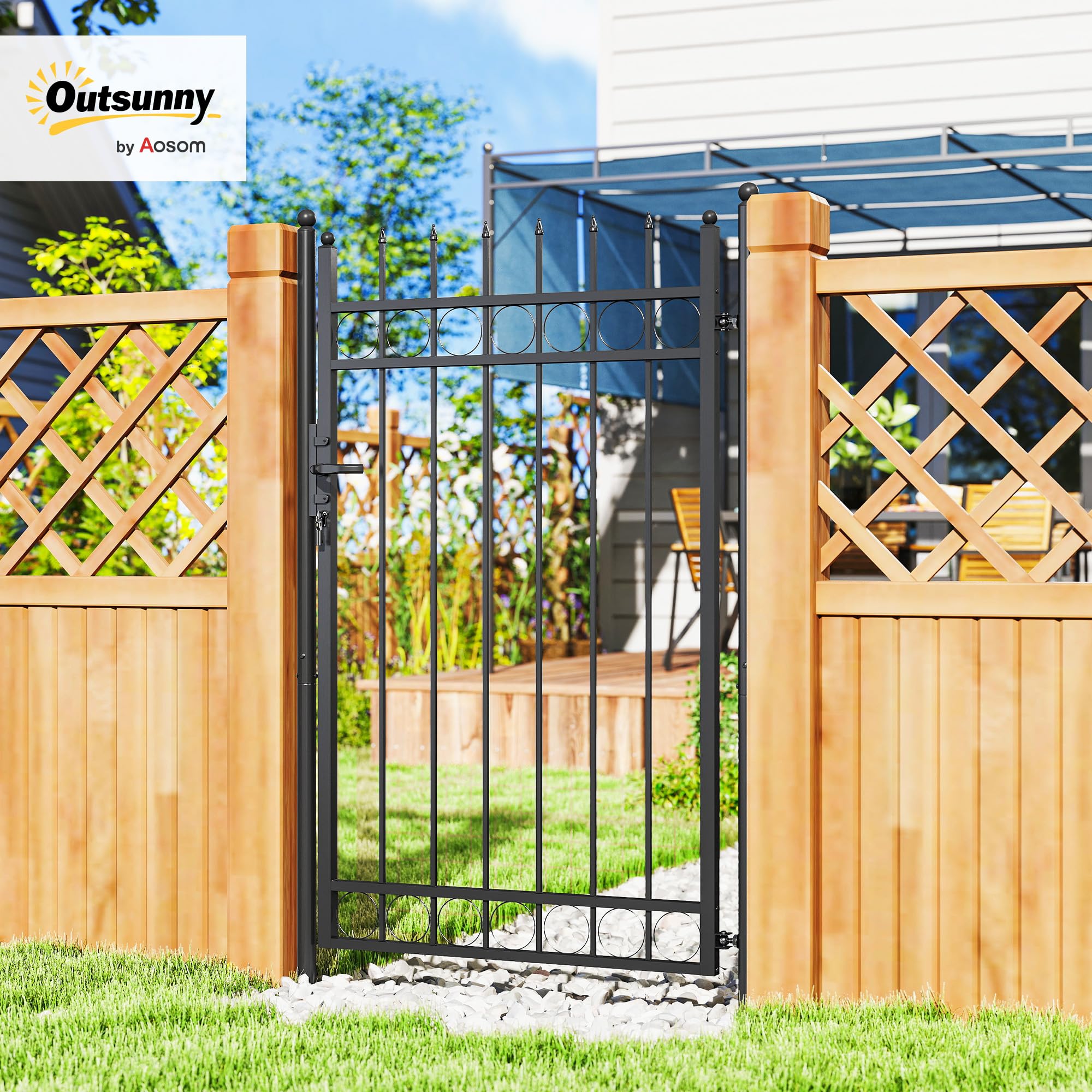Outsunny Cancello Giardino a 2 Paletti con Maniglia, Lucchetto e 3 Chiavi, Cancello a Esterno in Acciaio Zincato, 105x204 cm, Nero