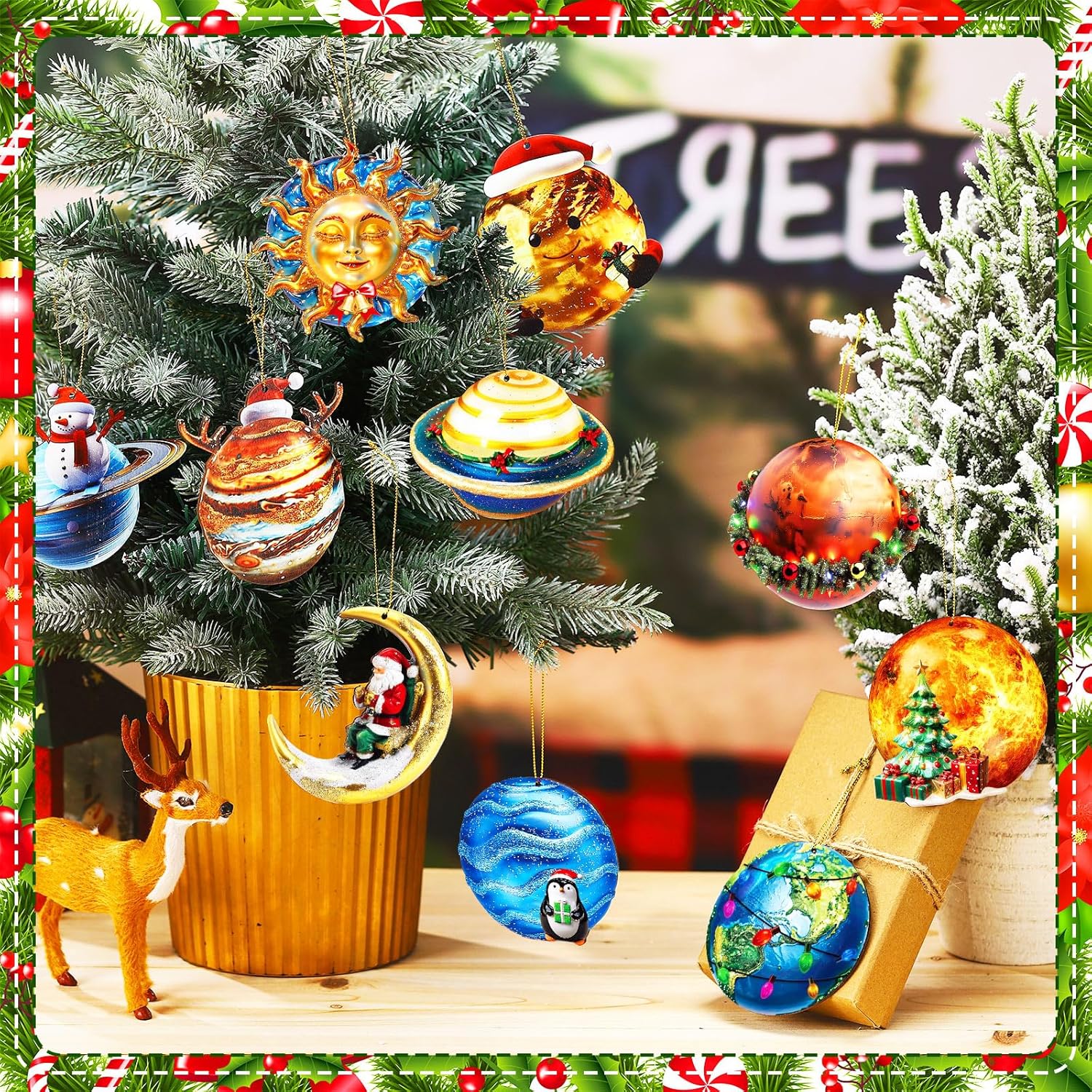 20 Pcs Eight Planets Hanging Christmas Ornaments with Santa Hat Flat Wooden Outer Space Solar System Cutouts Sun Earth Moon Ornaments with Rope Shoot Hanging Tree Decor for Holiday Xmas - Image 4