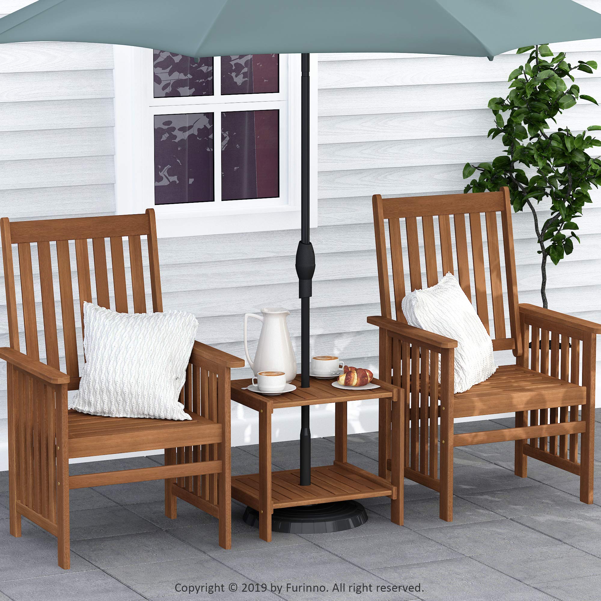 Furinno Tioman Mesa auxiliar Mississippi para exteriores de madera dura con orificio para sombrilla, Natural