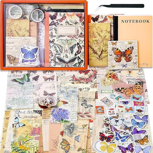 emmoolife Vintage Aesthetic Scrapbooking Supplies Kit, Butterfly Junk Journal Scrapbook Kit with Journaling Supplies, A6 Grid Notebook, Stationery, Birthday Craft Gift Set for Teen Girl Kid Women