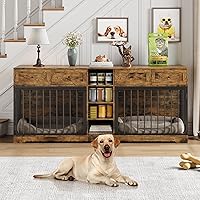 Vista 11 de Muebles de jaula para perros de 47 pulgadas, soporte de TV de jaula para perros grandes con 2 cajones y 4 estantes, perrera de madera para perros