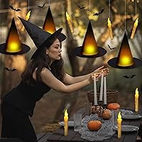 Vista 5 de Sombrero de bruja negro de Halloween con luz flotante iluminada con velas cónicas sin llama (con control remoto común) Murciélagos 3D calcomanías