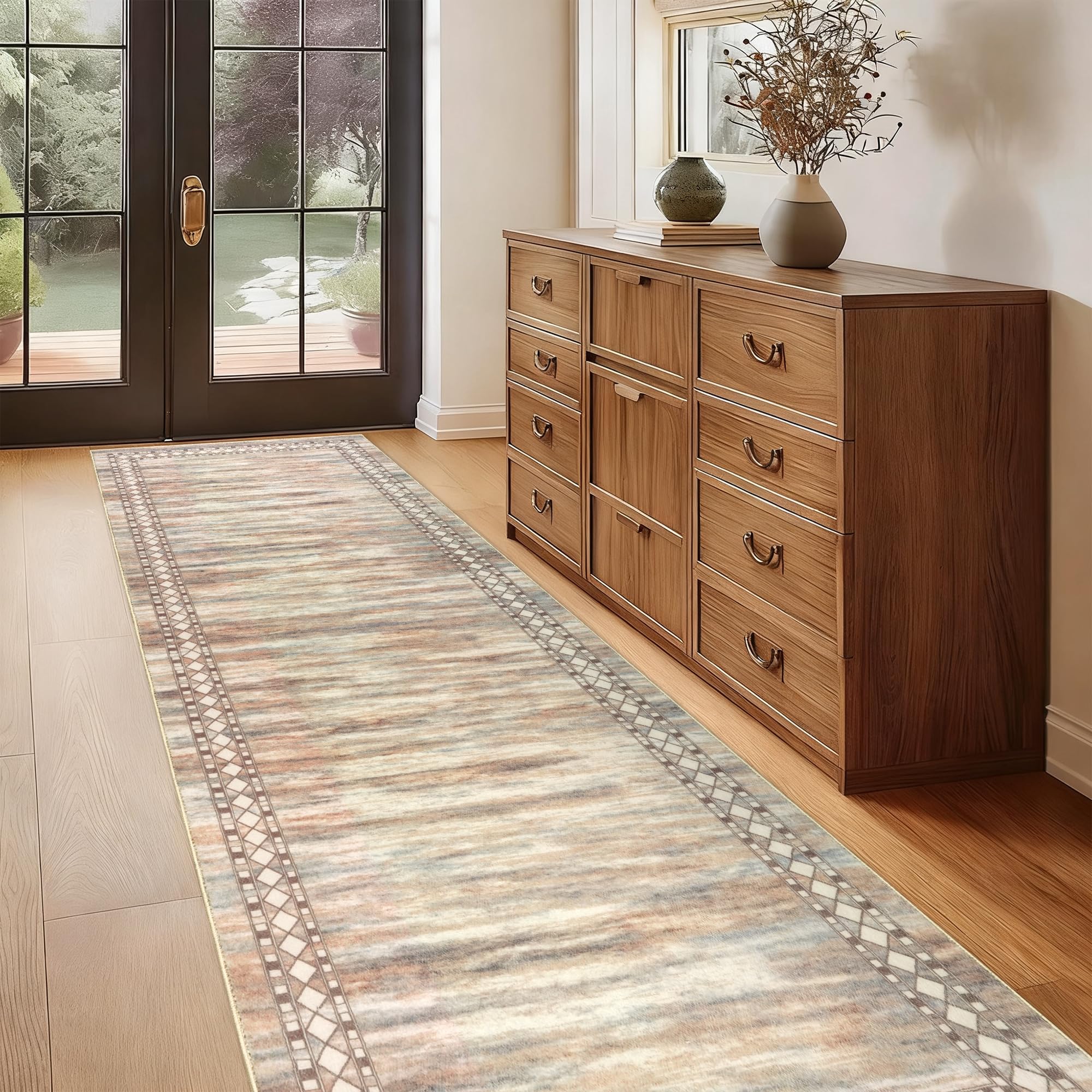 Homcomodar Flur Teppich Beige 80X300cm Teppich Läufer Flur Morden Teppichläufer rutschfest Küchenläufer Waschbar für Küchen Hallway Schlafzimmer Eingang Wohnzimmer