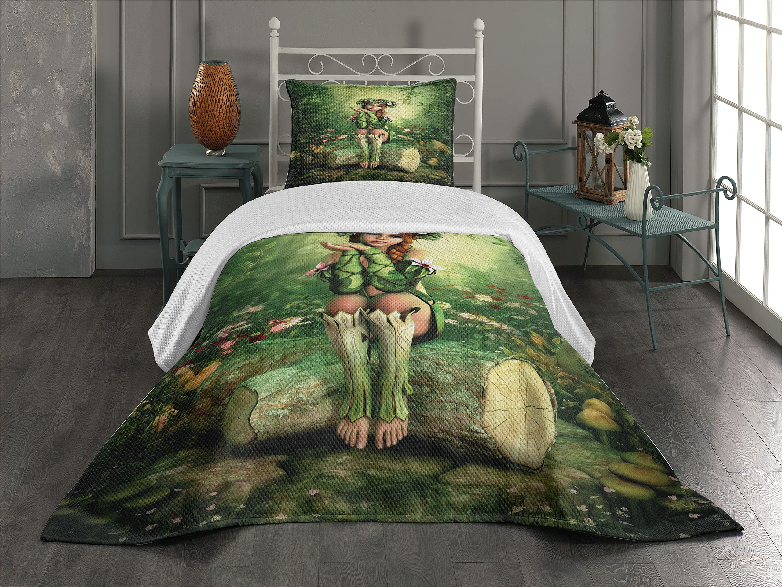 Ambesonne Tale Coverlet, Computer Art Elf Girl Wreath Her Head Sitting on a Tree Stump, 2 Piece Decorative Quilted Bedspread Set with 1 Pillow Sham, Twin Size, Green Beige Pink