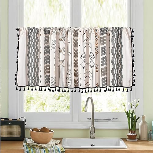 Cortinas de lino con borlas bohemias para ventana, semiopacas, panel geométrico bohemio para sala de estar, cocina, cafetería, comedor, cenefas