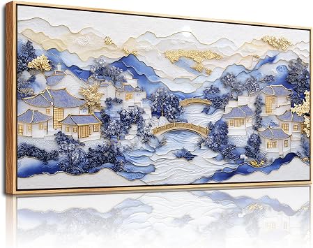 Blue White Abstract Canvas Print,Landscape Wall Art for Living Room 20"x40"