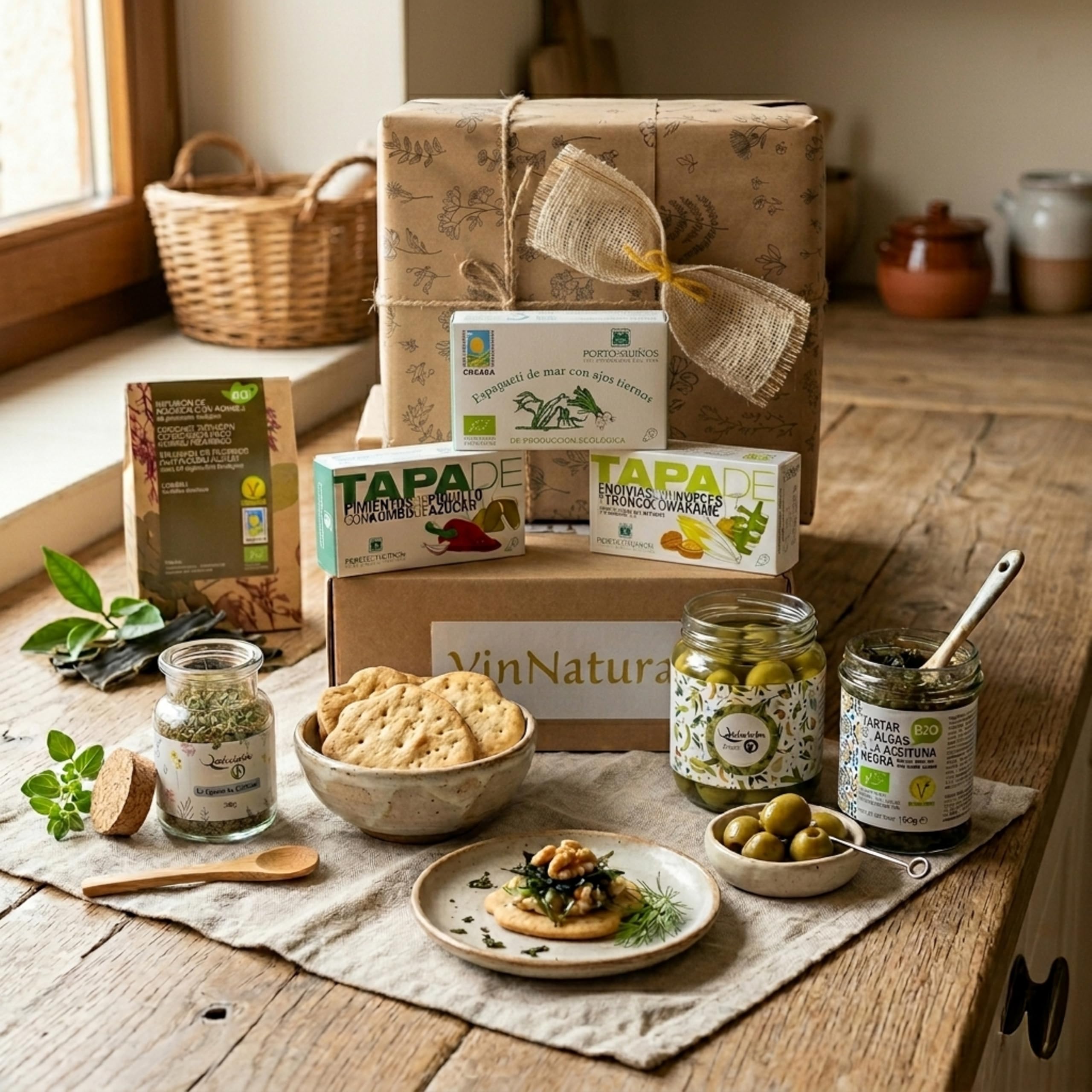 Caja Regalo Vegana Terra de VinNatura con Algas ecológicas de Galicia | Cesta gourmet vegana, regalos de empresa inclusivos, celebraciones, selección vegetal, tarjeta personalizable