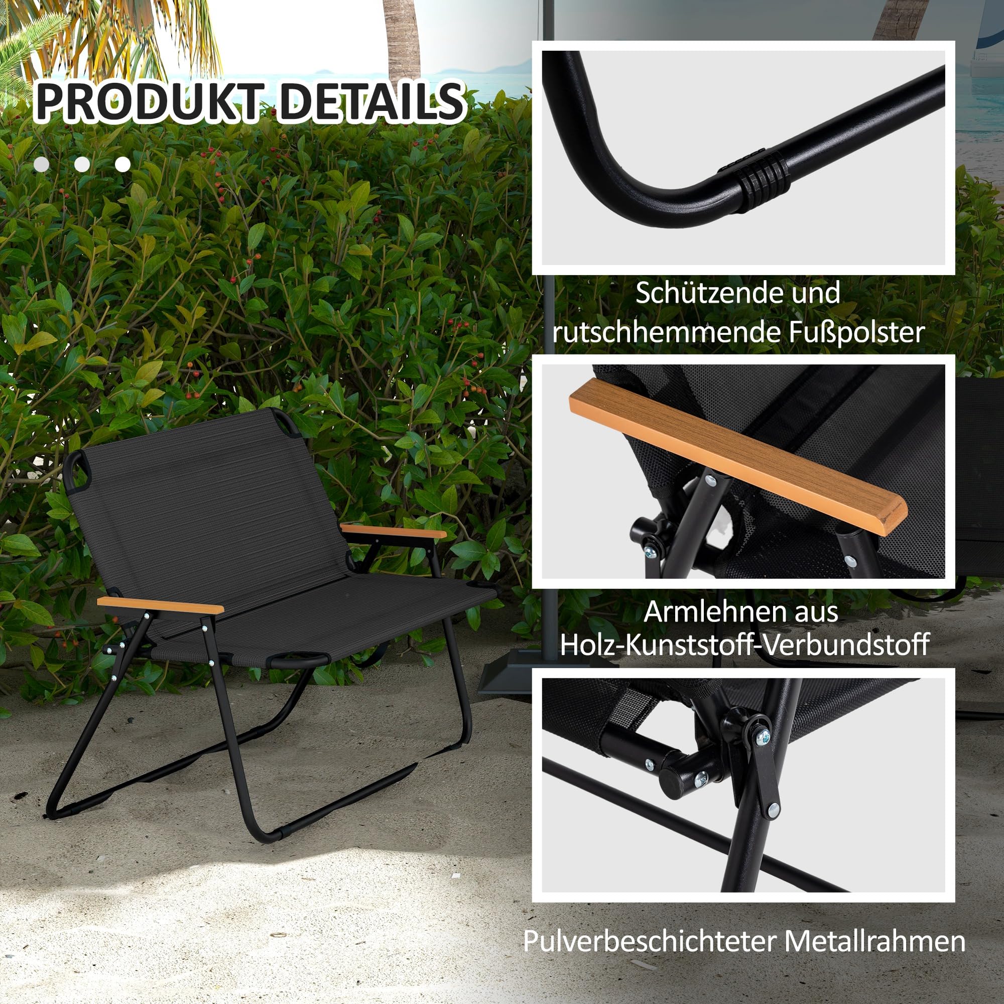 Outsunny 2-Sitzer Gartenbank, Sitzbank, Klappbare Campingbank, Klappbank bis 220 kg belastbar, für Camping, Terrasse, Mesh, Schwarz, 108 x 65 x 73 cm