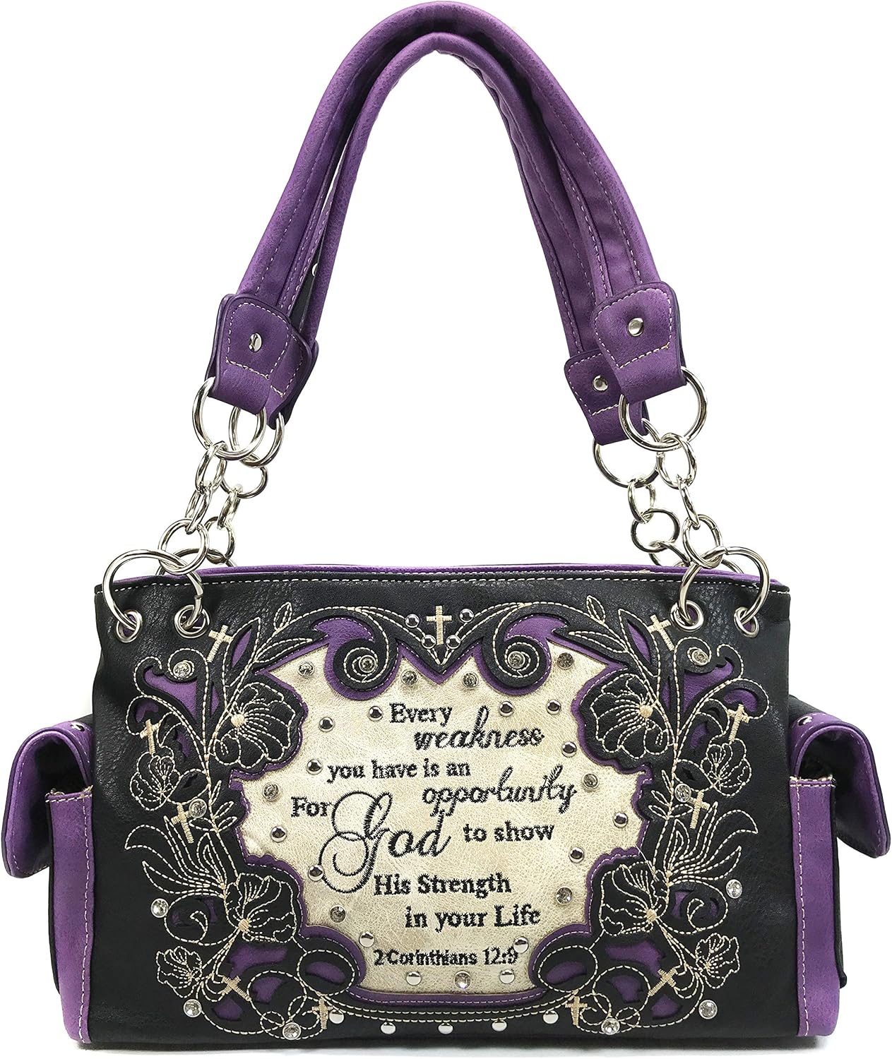 Justin West Embroidery Floral 2 Corinthians 12:9 Bible Verse Rhinestone Tote Shoulder Concealed Carry Handbag Messenger Purse