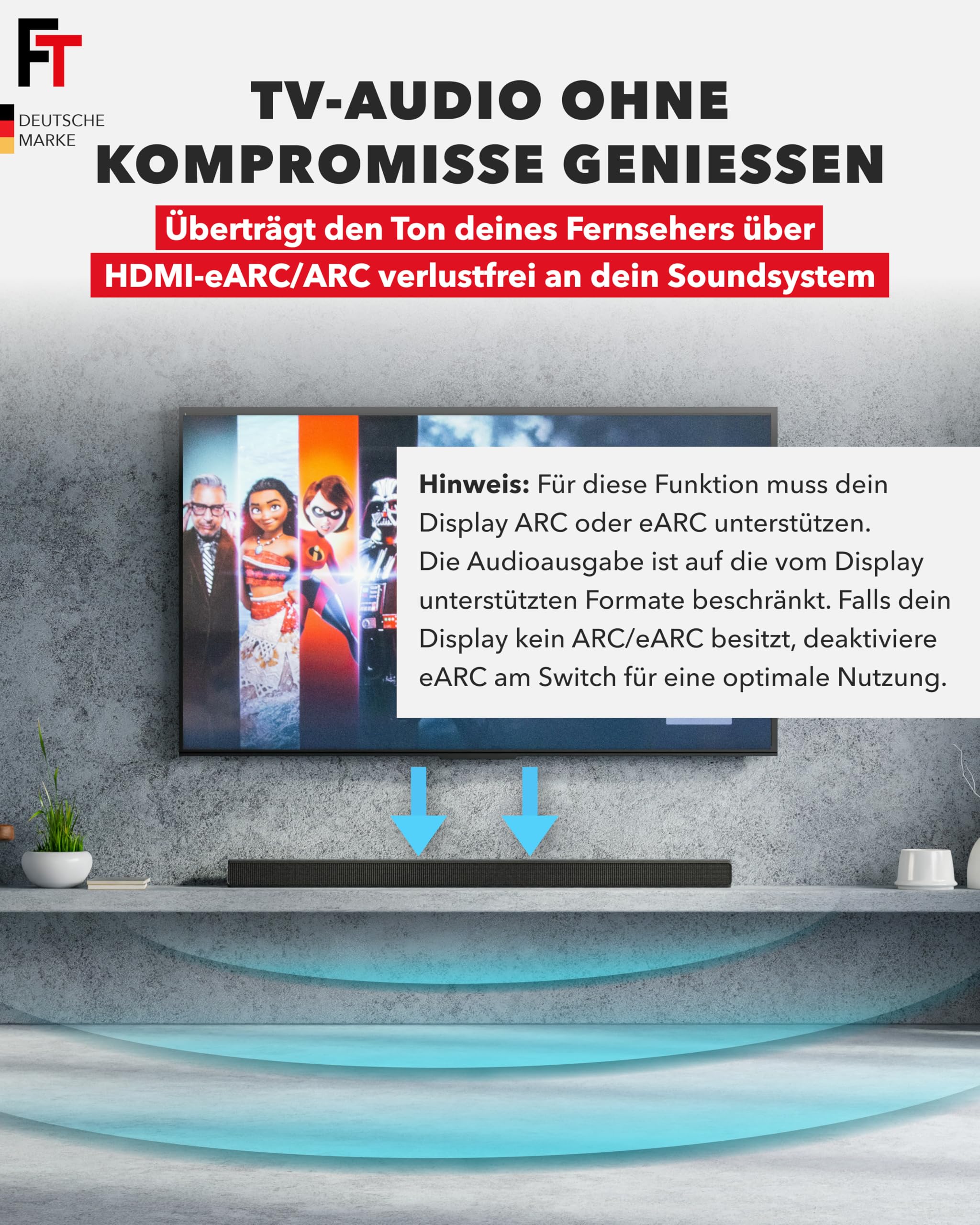 FeinTech AX210 HDMI 2.1 Audio Extractor 4K 120Hz 8K VRR ALLM, HDMI-Out + Audio (Optisch Toslink 5.1 + AUX Stereo), CEC-Pass und ARC Unterstützung von TV zu Soundsystem