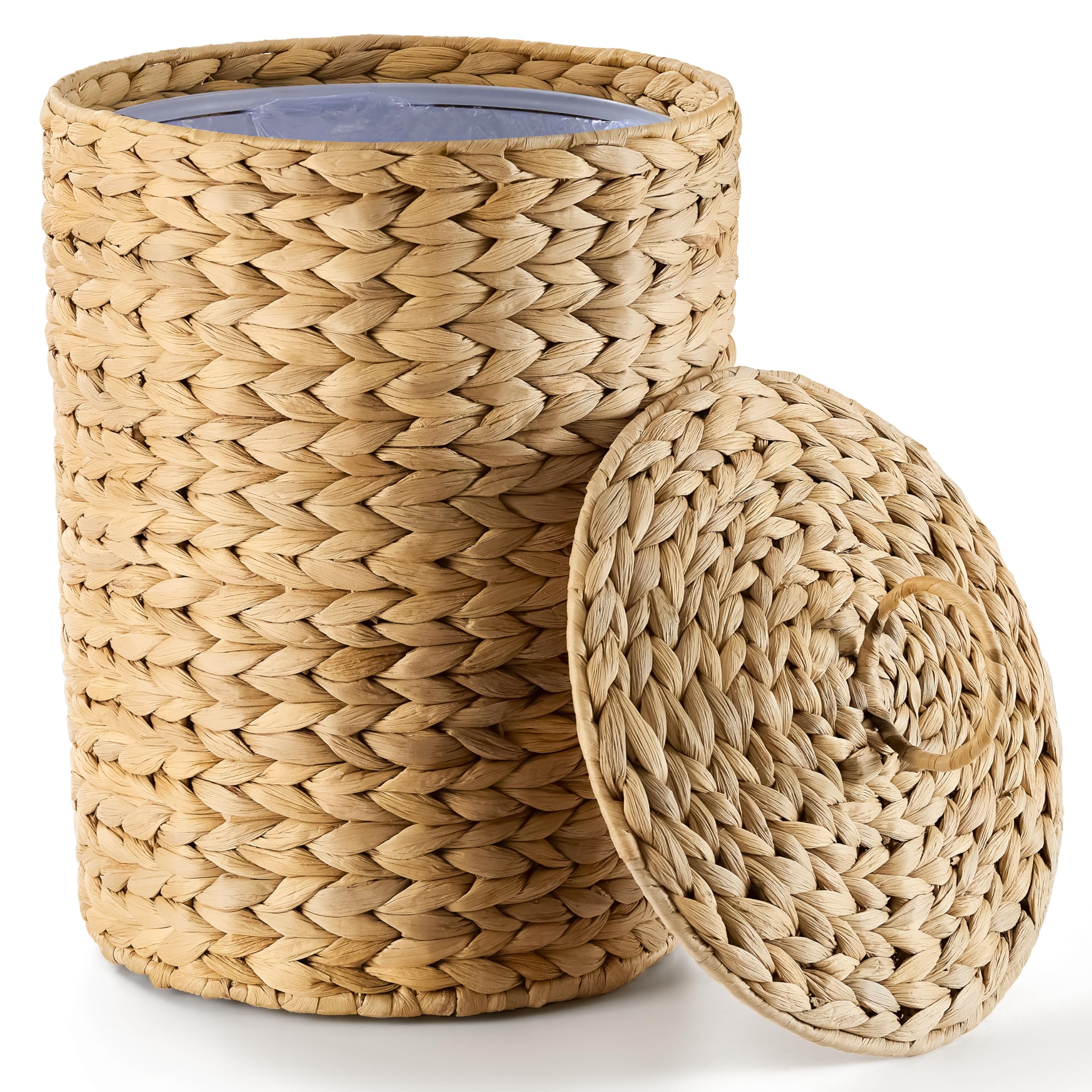 BLUEWEST Wicker Trash Can with Lid and Removable Liner, Wicker Rattan Bathroom Trash Can, Large Woven Bin for Office, Hyacinth Waste Basket for Home Kitchen (Natural, 3 Gallons)