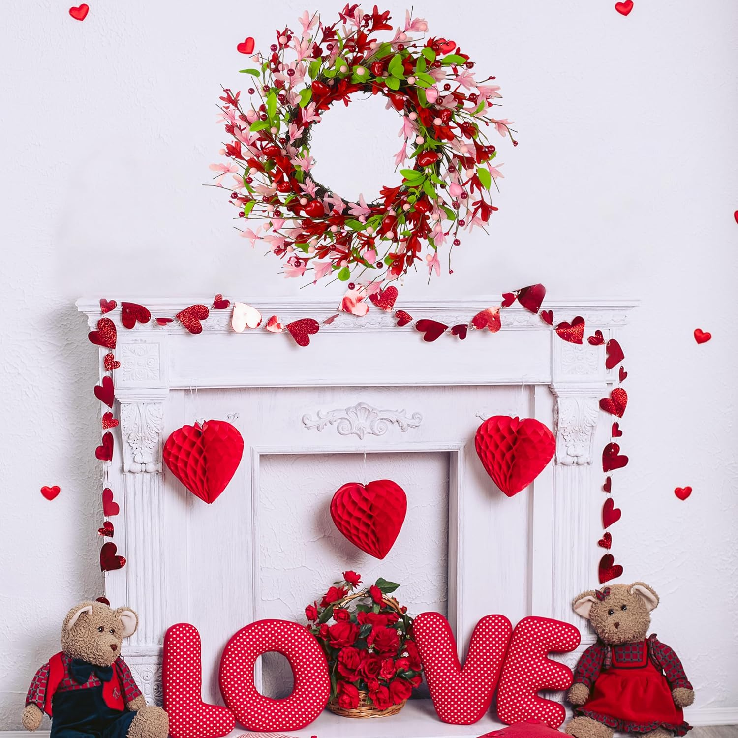 20 Inch Valentine's Day Wreath, Valentines Day Wreaths for Front Door with Pink Forsythia Flowers, Heart Shaped Berries and Green Leaves for Window, Wall and Anniversary Party Decorations - Image 9