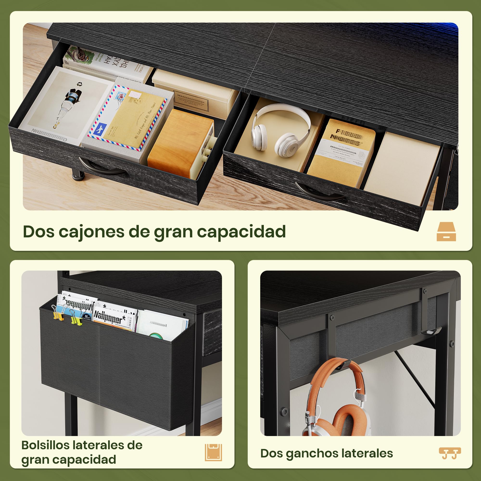 Escritorio con Luces LED y 2 Cajones, 100x50 cm Mesa Gaming con Soporte para Ganchoy Bolsa Lateral, Escritorio RGB con Gancho para Oficina en Casa, Oficina y Habitación Juvenil, Negro