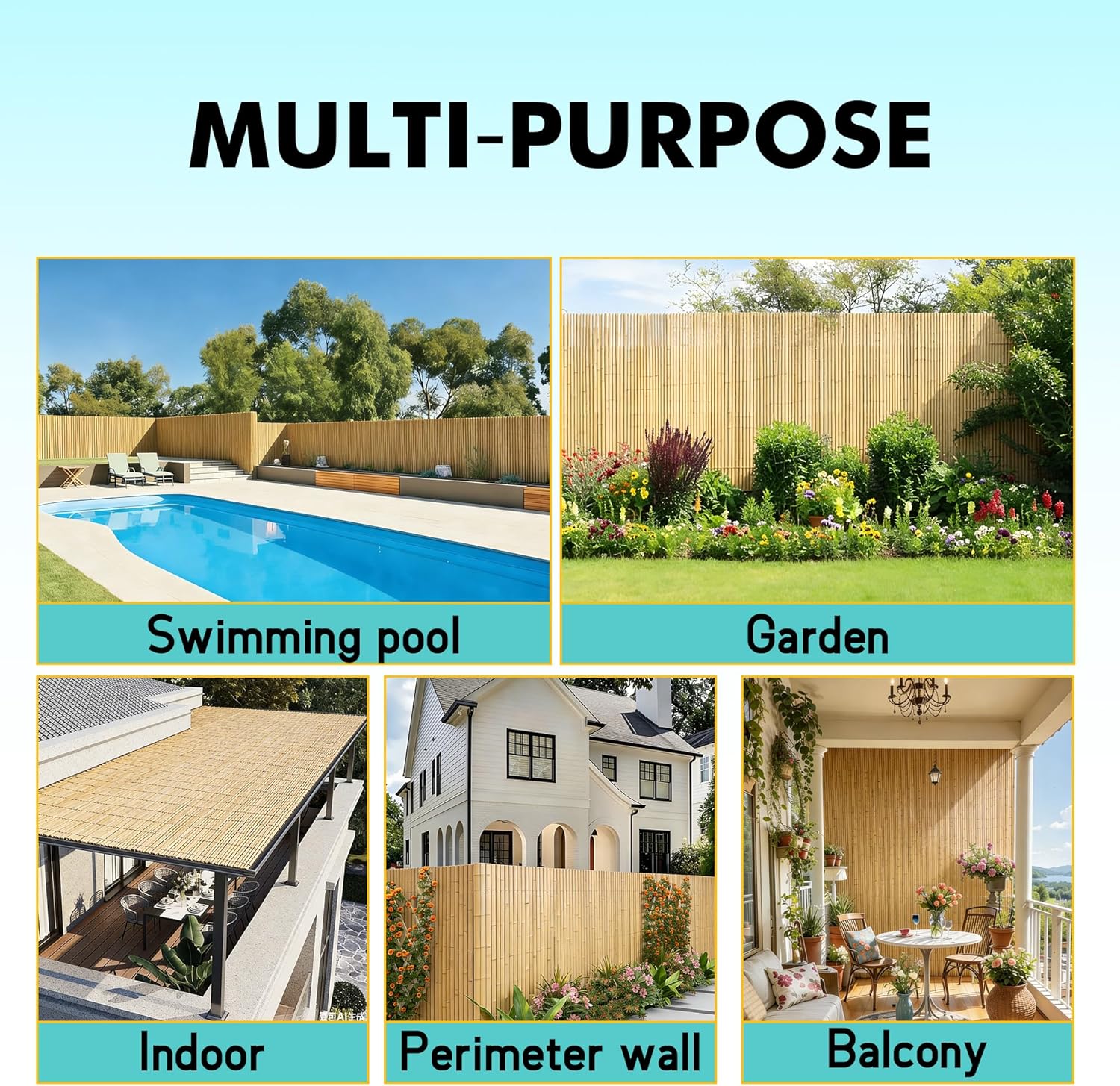 Bamboo Slat Fence 4.8ft H x 13ft L, Approx 5ft High Bamboo Privacy Fence, Natural Bamboo Fencing, Decorative Bamboo Fence for Backyard, Balcony, Garden, and Pool Area