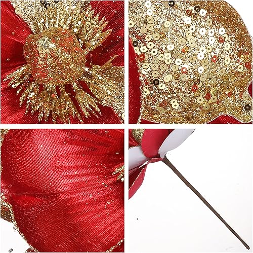 Miniatura 3 de GL-Turelifes Flores de Navidad grandes con purpurina de 10 pulgadas, 6 piezas, adornos de flores artificiales de magnolia plegables para decoración