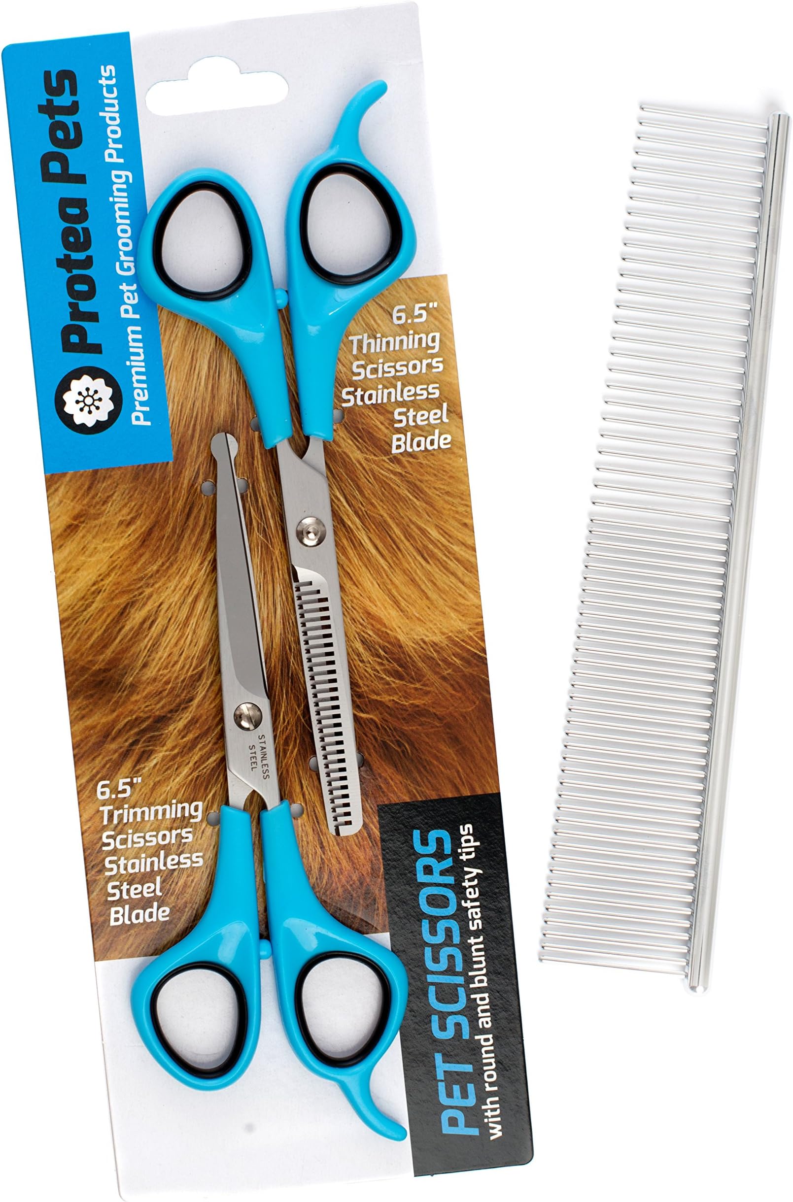 Yoke Style Cat & Dog Grooming Scissors Kit & Premium Comb | Safety Rounded Tip Scissors for Trimming & Thinning Scissors | Sculpt Fur + Face + Paws Like A Professional & Save on Parlour Fees!