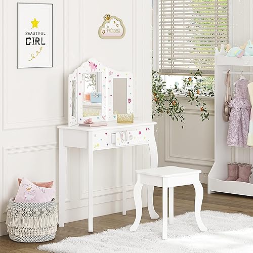 Miniatura 6 de UTEX Juego de tocador y silla para niños con espejo, tocador de maquillaje con cajón, color blanco