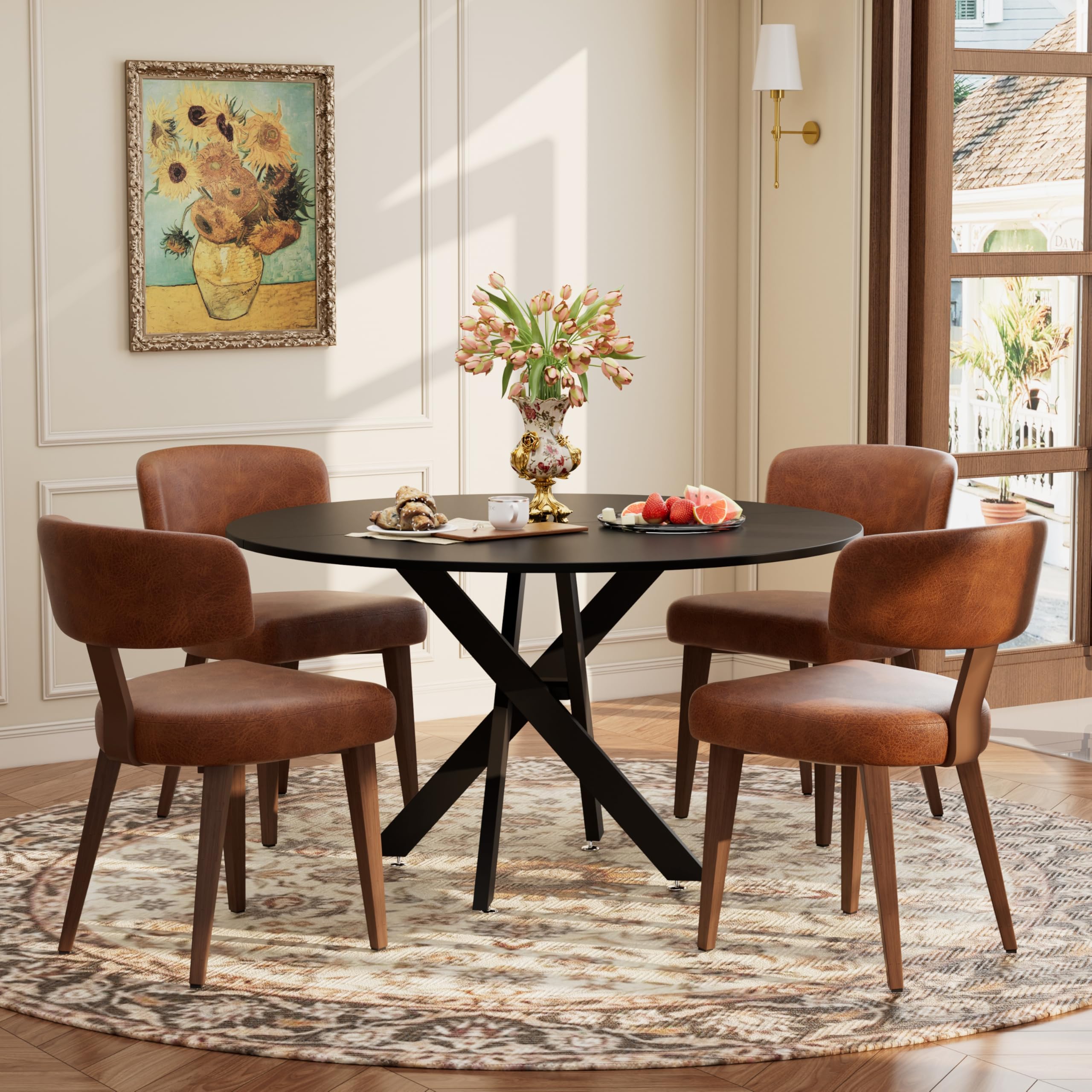 Wood Dining Table Set for 4, 47" Round Kitchen Table with 4 Faux Leather Dining Chairs, MDF Tabletop with Metal Legs, Ergonomic Dining Chair with Metal Legs(Black Table with Brown Chairs)