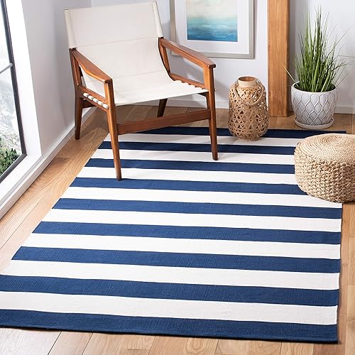 SAFAVIEH Montauk Collection Area Rug - 5' x 8', Navy & Ivory, Handmade Flat Weave Boho Farmhouse Cotton Stripe, Ideal for High Traffic Areas in Living Room, Bedroom (MTK712H)