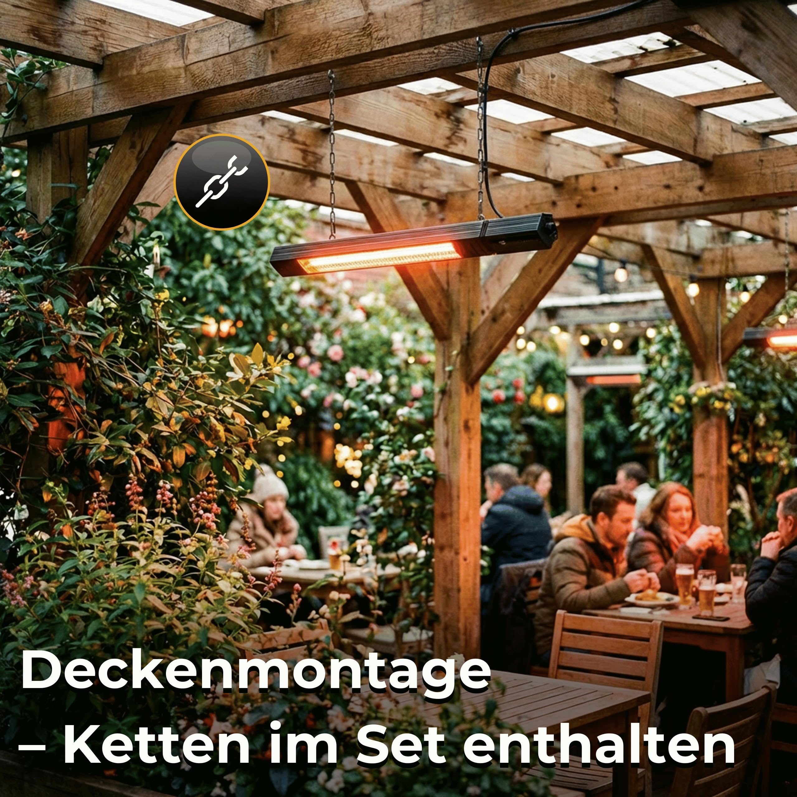 Infrarot Heizstrahler 2500W, 9 Stufen, IP65, Montageketten, Fernbedienung, Timer, Elektroheizung RAY, Terrassenheizer Outdoor, Wandheizung, Infrarotheizung, Heizstrahler Terrasse & Innenraum