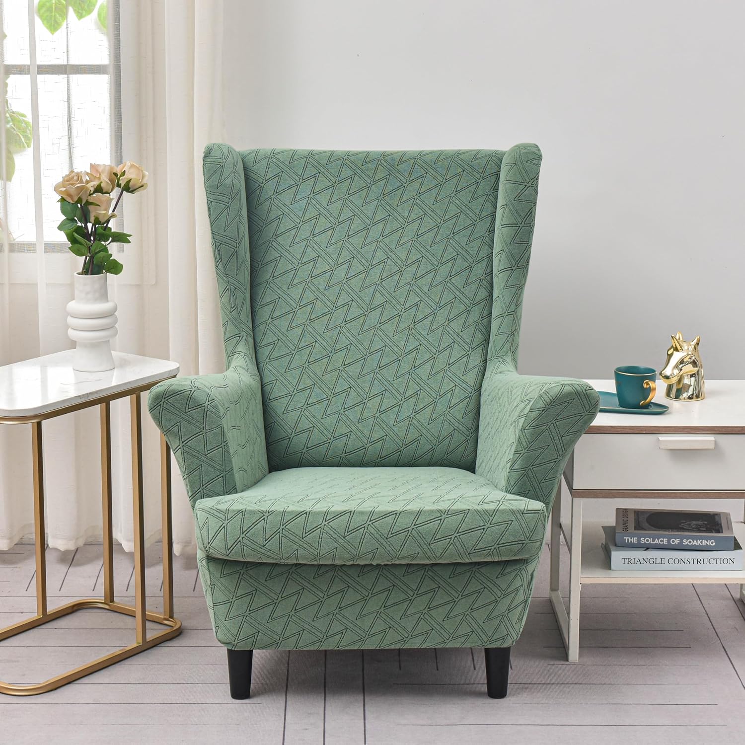 Wing Back Chair Covers Set of 2, 2 in 1 Armchair Slipcovers Strong and Soft - Stretch Protective Covers for Living Room, Bedroom, Hotel(Vert)