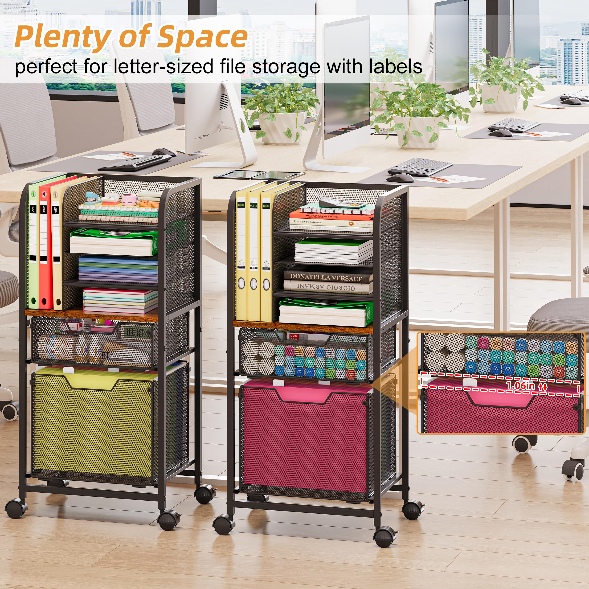 Carrello portadocumenti a 6 ripiani con 2 cassetti, organizer per cartelle sospese, archiviazione file formato lettera con ruote, armadietto mobile multistrato per ufficio e casa