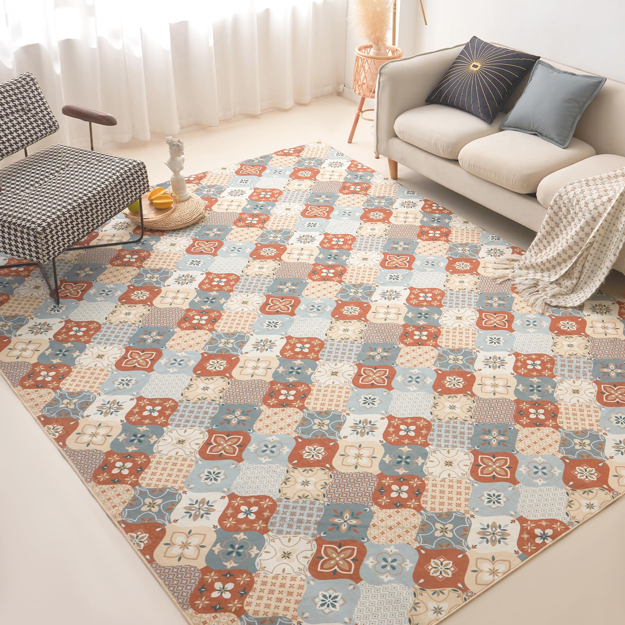 COOVA 5x7 Washable Rug Vintage Rug Traditional Style Thin Mat Retro Kitchen Indoor Distressed Non-Slip Carpet Floral Print Mat Suitable for Living Room, Bedroom, Dining Room,Flower Pink