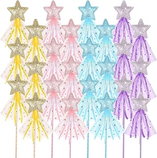 Glitter Star Magic Wand Princess Wand Fairy Wand Angel Star Wand Sticks with Ribbon for Girl Kids Birthday Wedding Princess Dress up Role Play Party Supplies Favors, Pink Purple Gold Blue (24 Pcs)