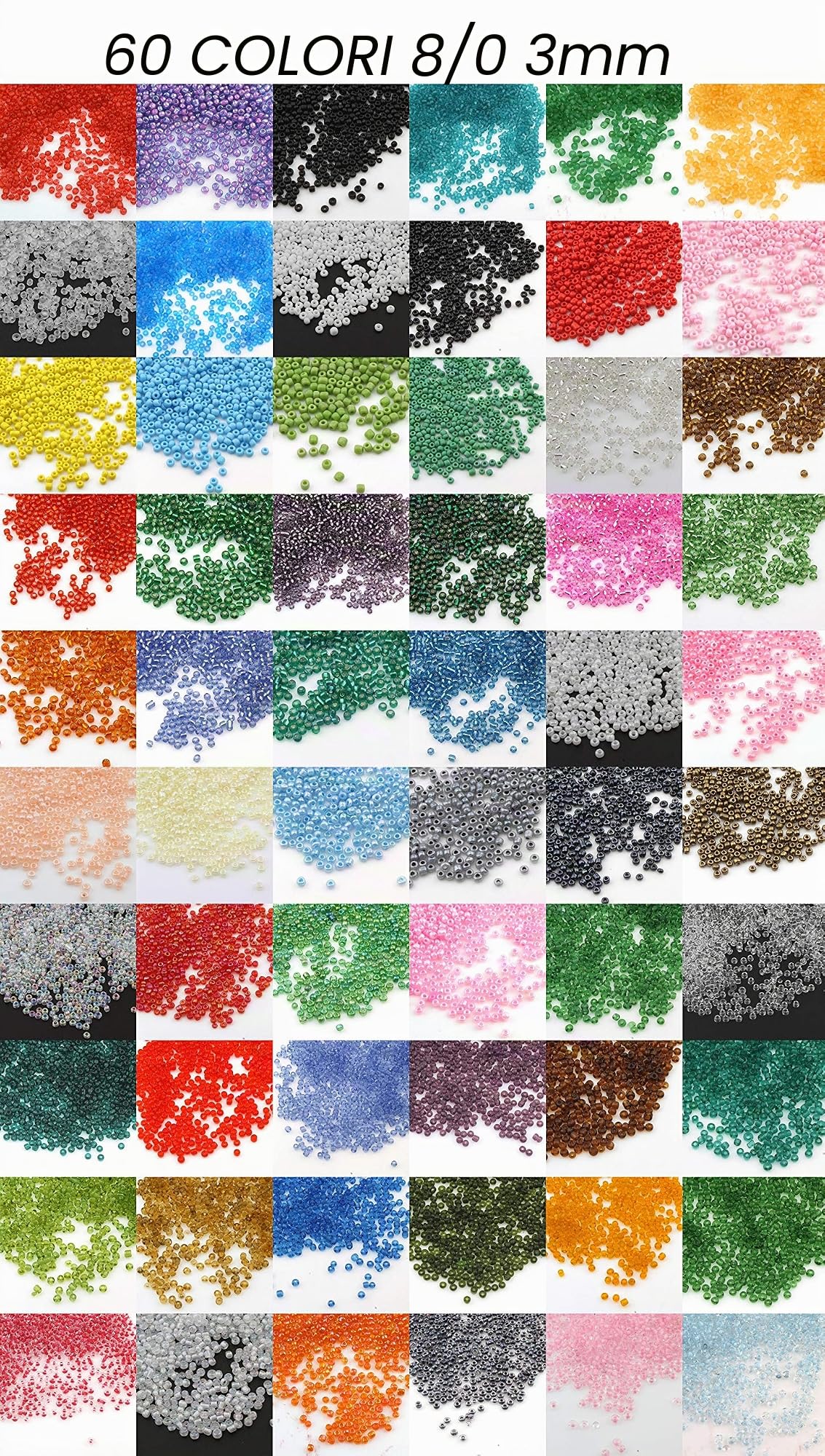 Perlin Rocailles 8/0 Perline di vetro da 3 mm, 60 colori, 40.000 pezzi, 1,2 kg | Perline indiane, accessori per gioielli da infilare per bracciali, collane, tessitura di perline, progetti fai da te