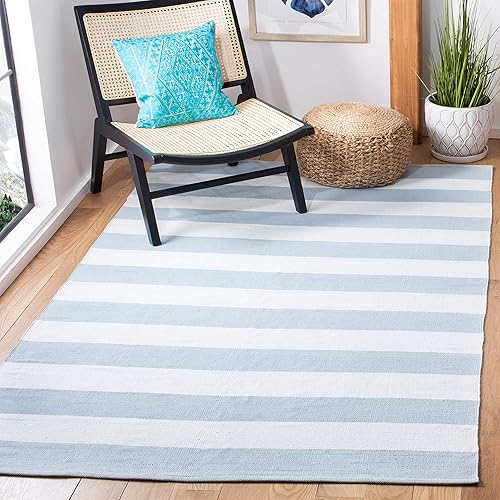 SAFAVIEH Montauk Collection 5' x 8' Sky Blue/Ivory MTK712K Handmade Flatweave Boho Farmhouse Cotton Stripe Living Room Dining Bedroom Area Rug