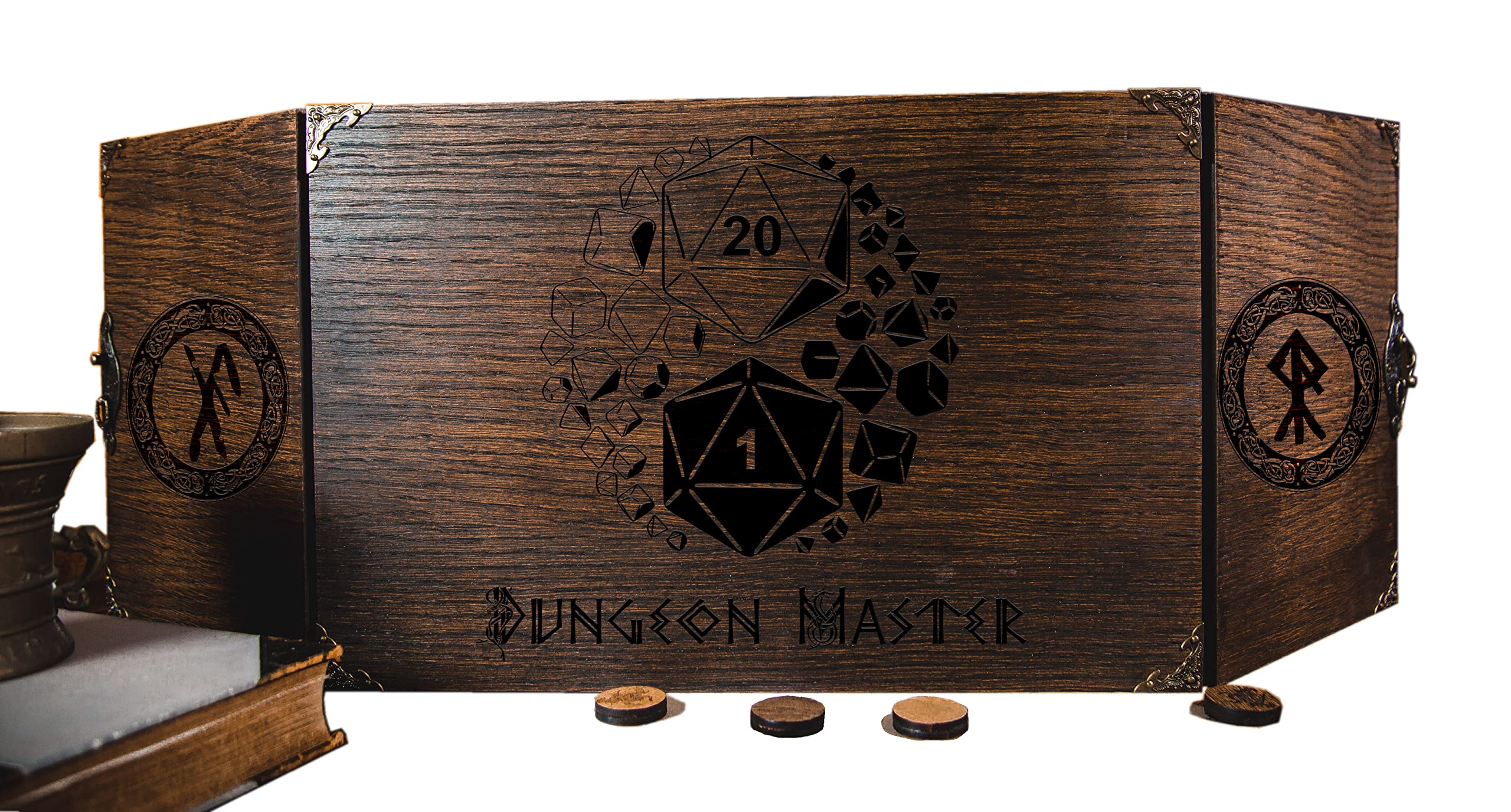 Game Master Screen made for Board Role Playing Game - Wooden Handcrafted GM Screen Set - DM Gift Idea - Gifts for Him and Her (Medium 12x9" Foldable, Dices)