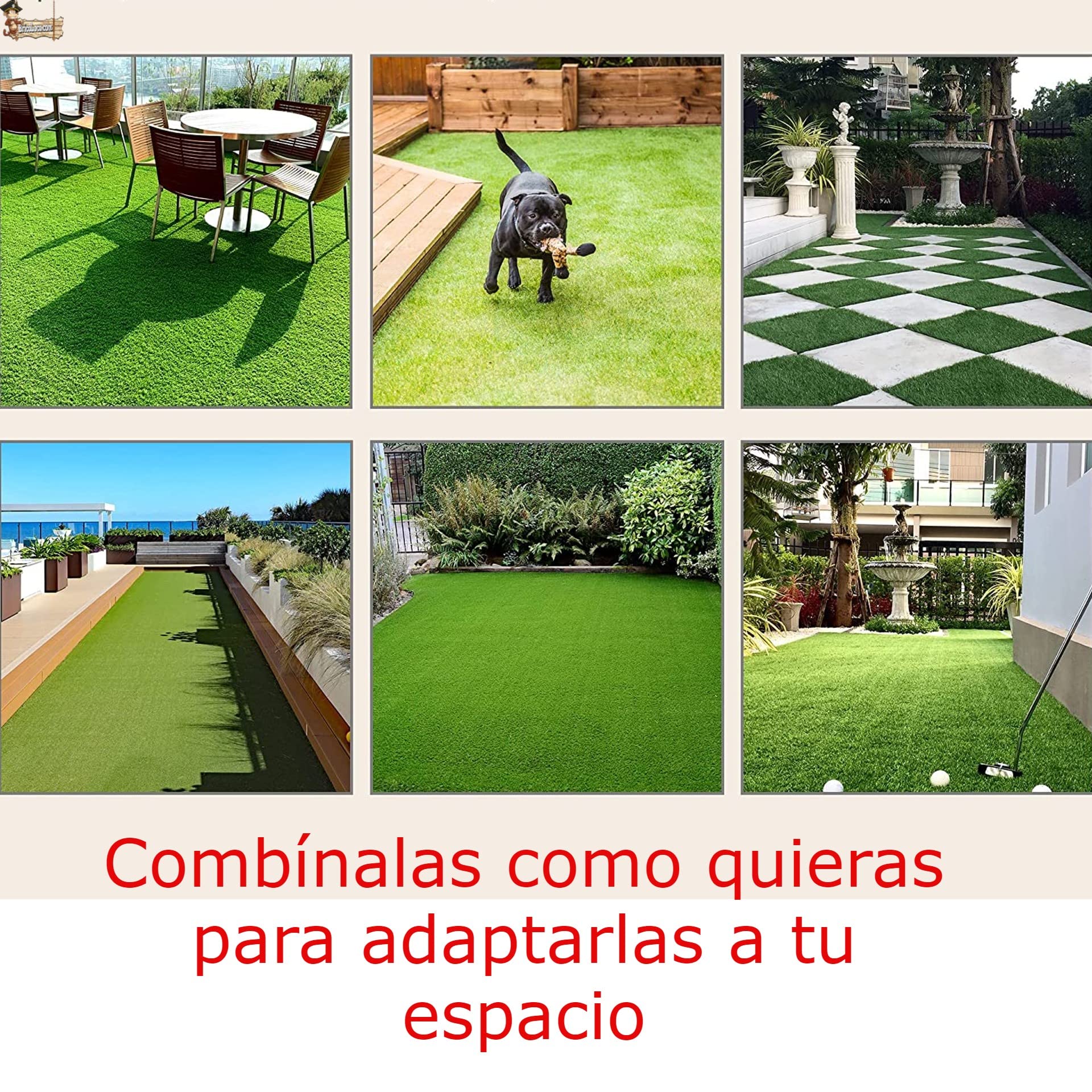 BricoLoco.com Lot de 6 dalles extérieures en plastique gazon artificiel. 30 x 30 cm. Embrassable. Pas de ruban adhésif double adhésif, colle, piquets ou clous. Jardin, terrasse, cour.