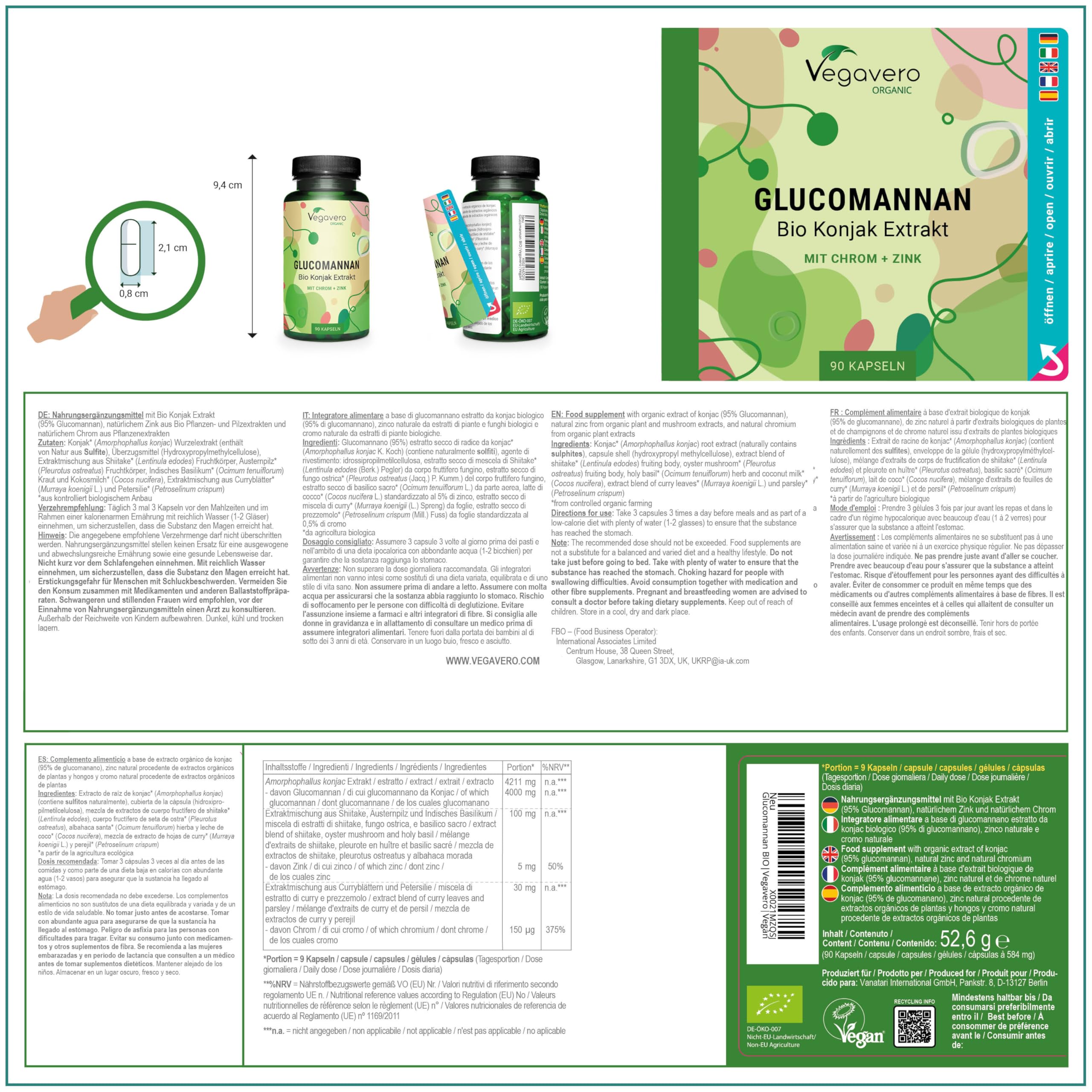 Glucomannano Forte | 4000 mg | con Cromo e Zinco | Alto Dosaggio | Senza Additivi | No OGM | Vegan | Vegavero®