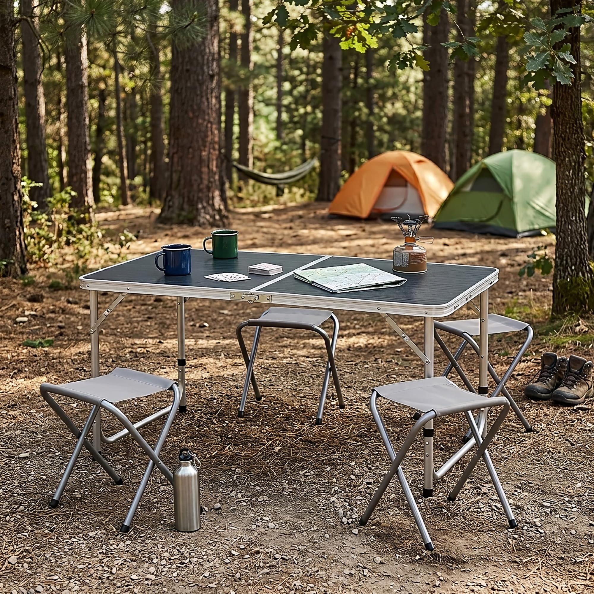 IlGruppone Set Tavolo Pieghevole da Campeggio con 4 Sgabelli, Altezza Regolabile 54-71 cm, Tavolo Richiudibile a Valigia 120x60 cm, Struttura in Alluminio, Portatile per Camping, Picnic e Giardino
