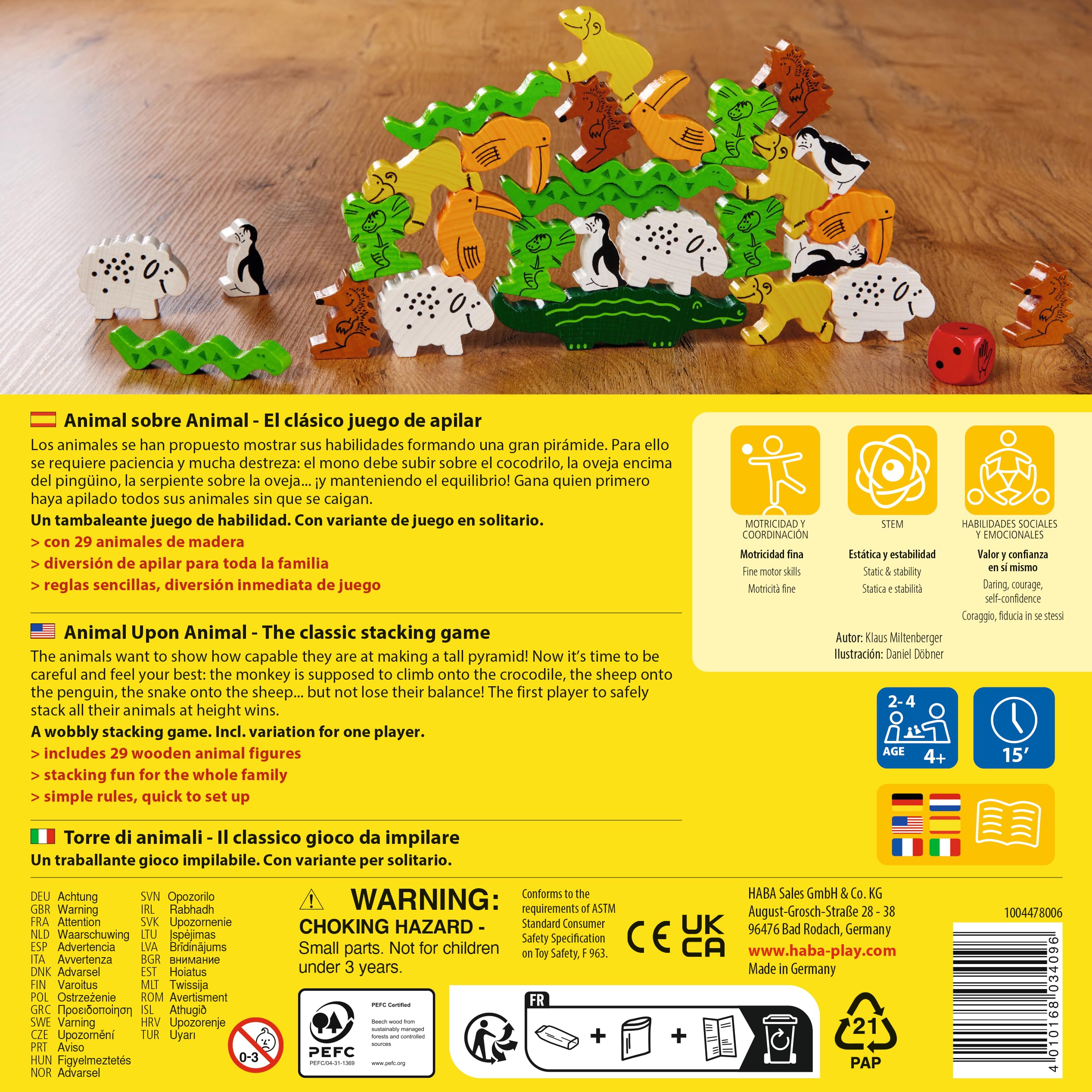 HABA 3409 Animal sobre Animal, Juego Infantil de Mesa de Habilidad y apilamiento. Más 4 años