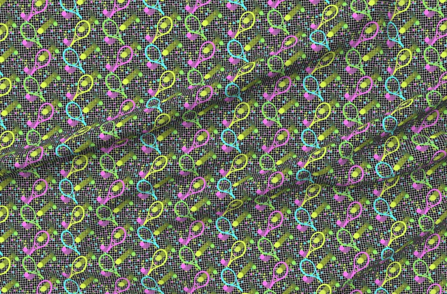 Spoonflower Fabric - Retro Tennis Stars Small Sport Ball Play 80S Racket Printed on Organic Cotton Sateen Fabric by The Yard - Sewing Quilting Apparel Home Decor