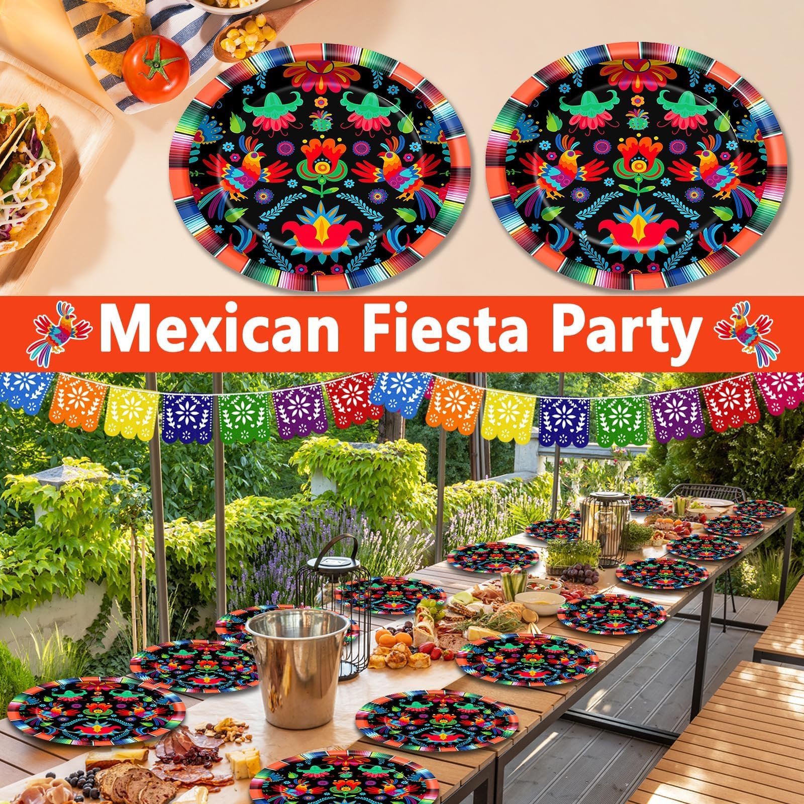 Qyeahkj 50 Stück mexikanische Fiesta-Pappteller, oval, groß, 27,9 cm, Einweg-Pappteller, Fiesta-Party-Dekorationen, mexikanische Stechapfel-Blumen-Zubehör, Gastgeschenk für den Tag der Toten, Mexiko,