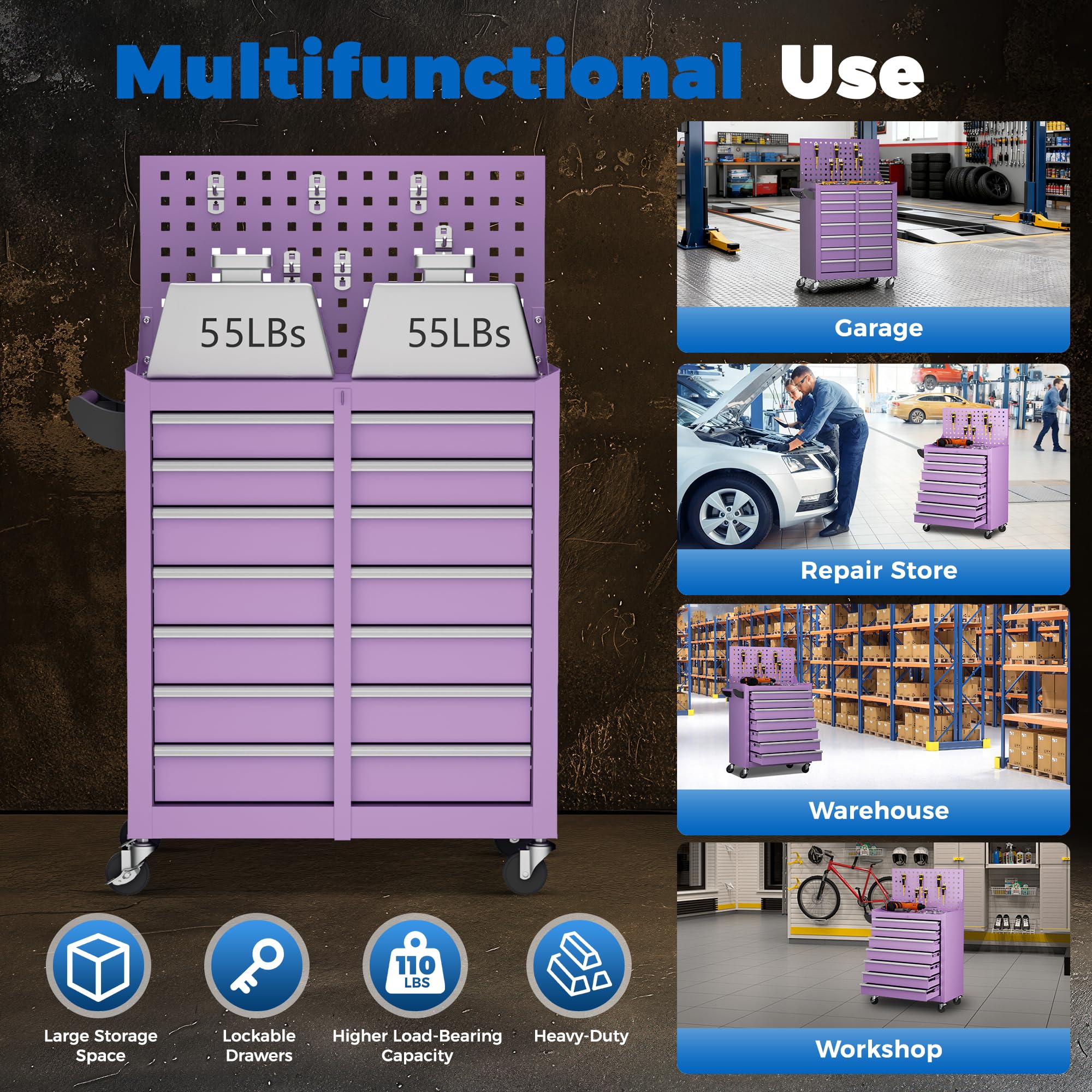 INTERGREAT Caja de herramientas con ruedas de 7 cajones con tablero perforado, baúl de herramientas portátil con ruedas, organizador de herramientas con sistema de bloqueo para garaje (morado)