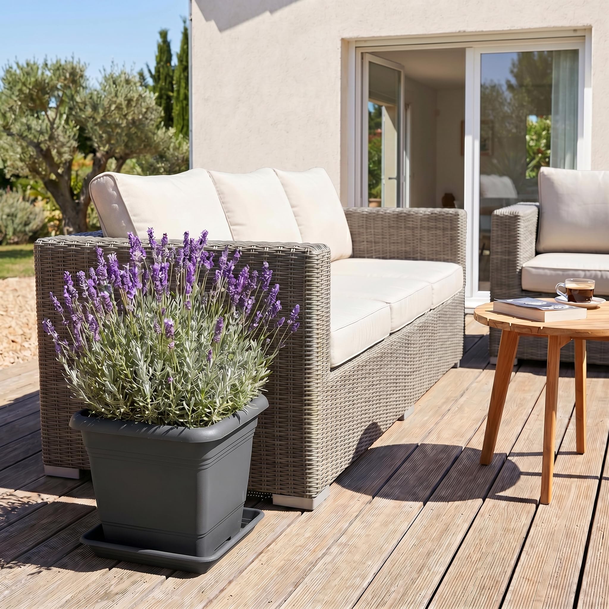 Scheurich Lot de 3 pots de fleurs Nora avec soucoupes - Couleur : gris métallisé - Diamètre : 39 cm - Hauteur : 31,5 cm - Volume : 25,4 l