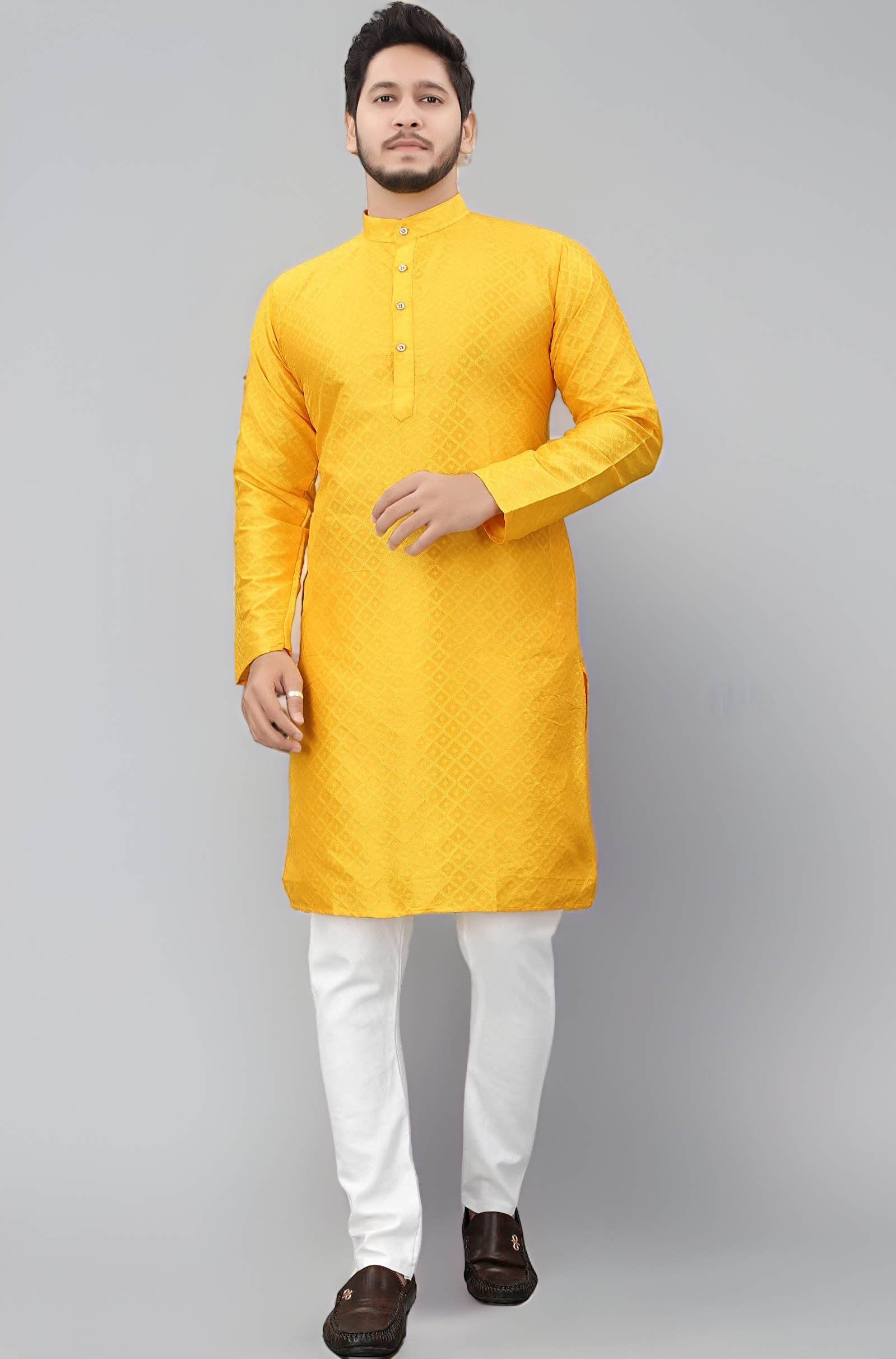 More & More Men's Premium Cotton Blend Jacquard Kurta | Ethnic Wear | Traditional Indian Festive Kurta | Comfortable Polycotton Blend | Stylish Casual and Wedding