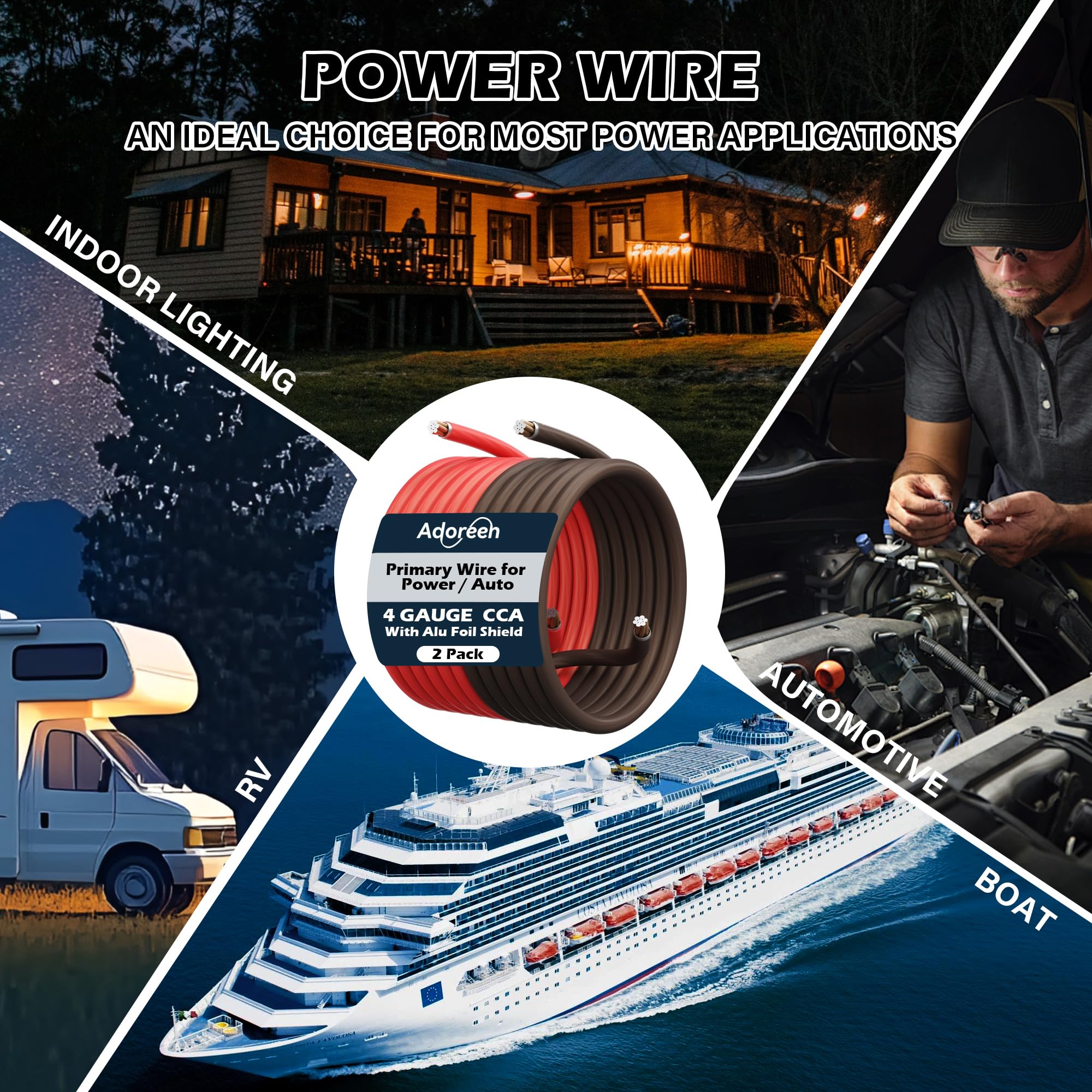 Cavo di alimentazione e messa a terra da 0,6 m di calibro 4 AWG, nero + rosso da 7,5 m, schermato ad alta potenza, kit di cablaggio per batteria per saldatura automobilistica morbida CCA, per auto