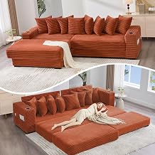 111 Modular Sectional Sofa, L Shaped Corduroy Cloud Couch with Reversible Chaise Lounge, 8 Pillows, Cup Holders, Storage Pockets, Modern Oversized Sleeper Bed Couches for Living Room, Orange