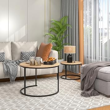 Round Nesting Coffee Table Set of 2 for Living Room, End Side Table with Metal Frame, Sofa Tea Table for Small Space, Black and OAKDK, 69.5 x 49 cm and 49.5 x 35.5 cm (Dia. X H)
