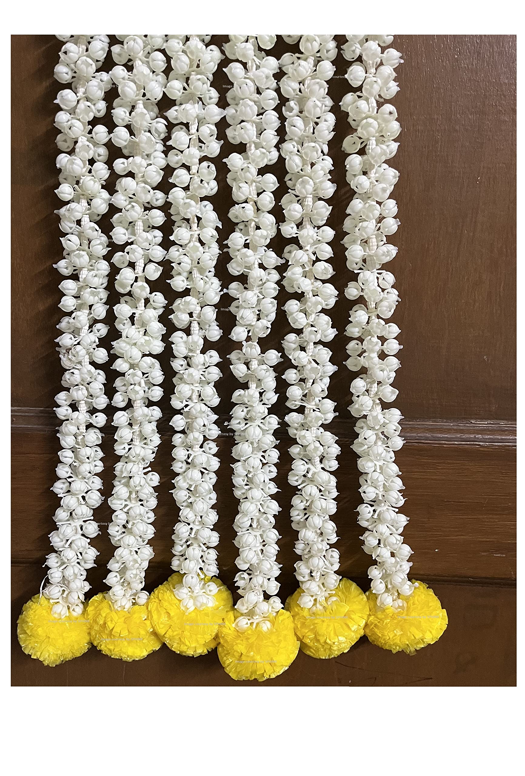 Sphinx artificial jasmine buds (mogra phool) and fluffy marigold garlands/strings/torans for decoration (approx. 2.5 ft/30 Inches height)- (Yellow, 12)