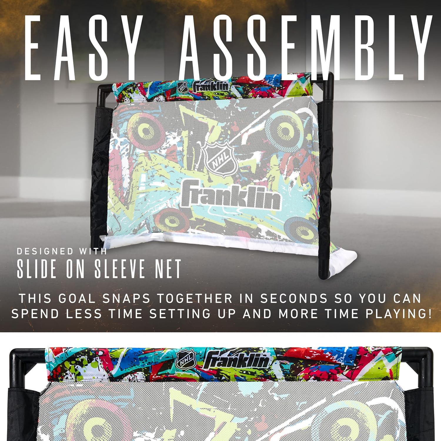 Franklin Sports NHL Kids Mini Hockey Set - Includes (1) Knee Hockey Goal, (2) Mini Sticks + (2) Foam Balls - Indoor Toy Youth Goal + Sticks Set - Graffiti - Image 3