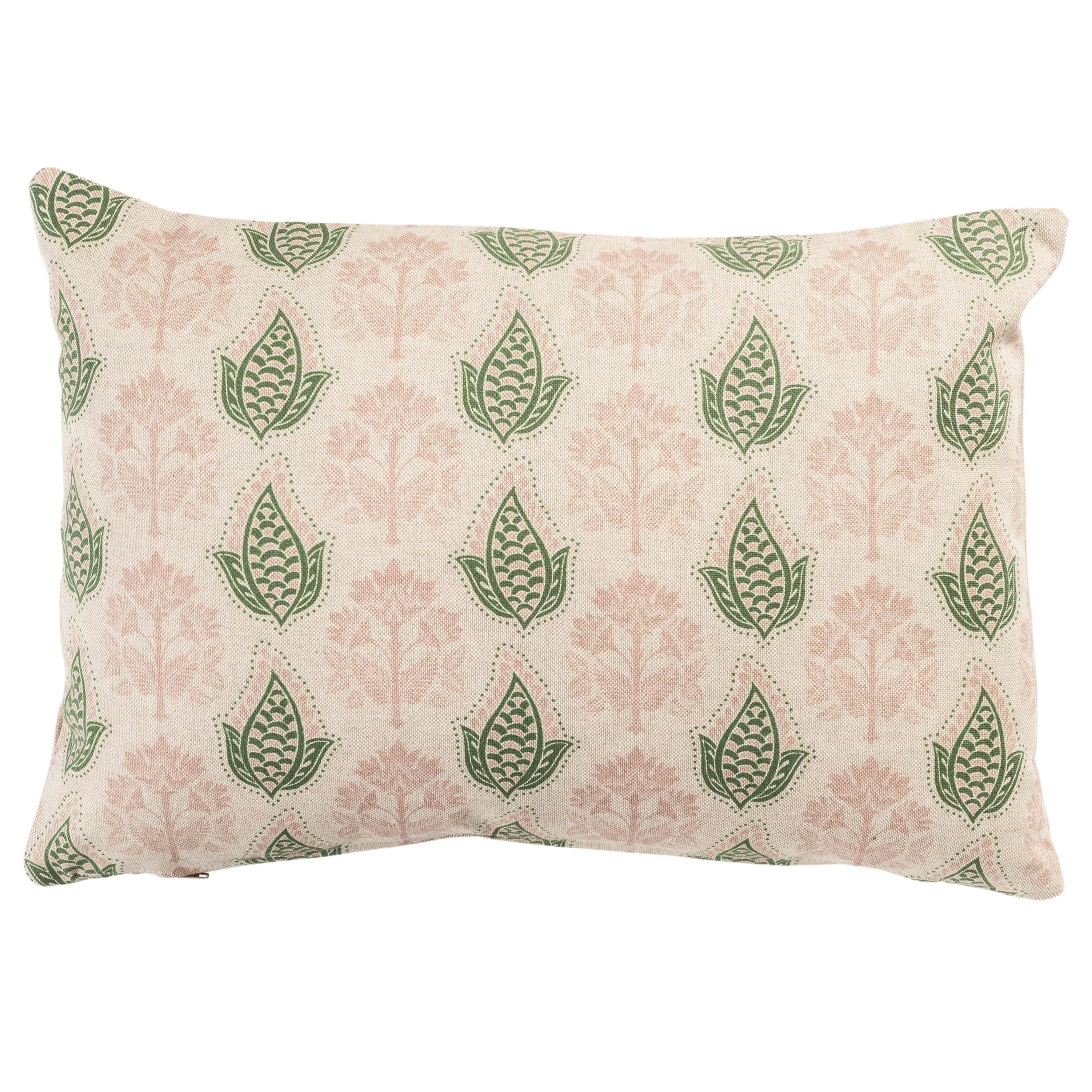 Linen Loft Pink Cotswold Countryside Motif Boudoir Cushion Cover. Cottagecore Green And Floral & Leaf Geometric Botanical Design. 17X12 Rectangle Cover Only
