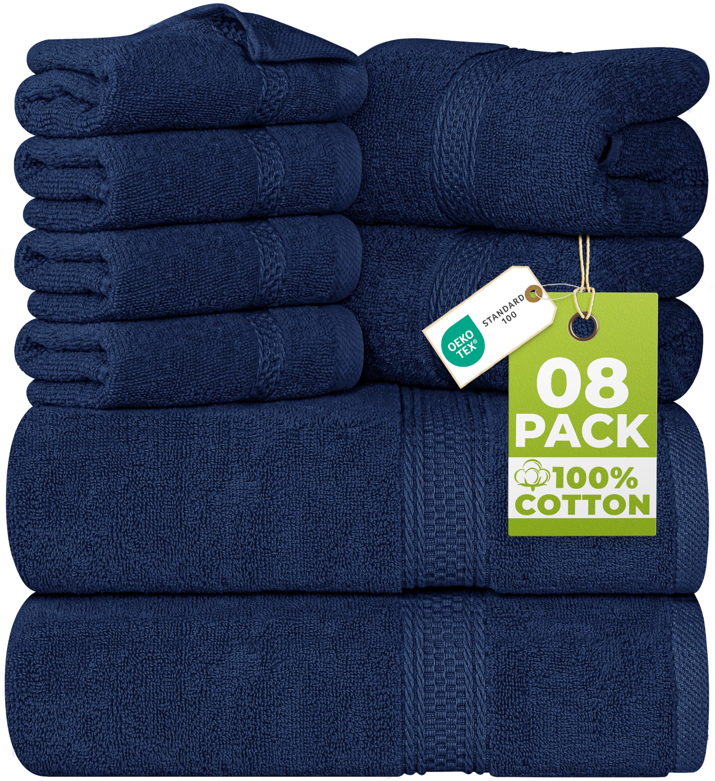 8 Piece Towel Set - 2 Bath Towels, 2 Hand Towels and 4 Washcloths Cotton Hotel Quality Super Soft and Highly Absorbent (Navy)