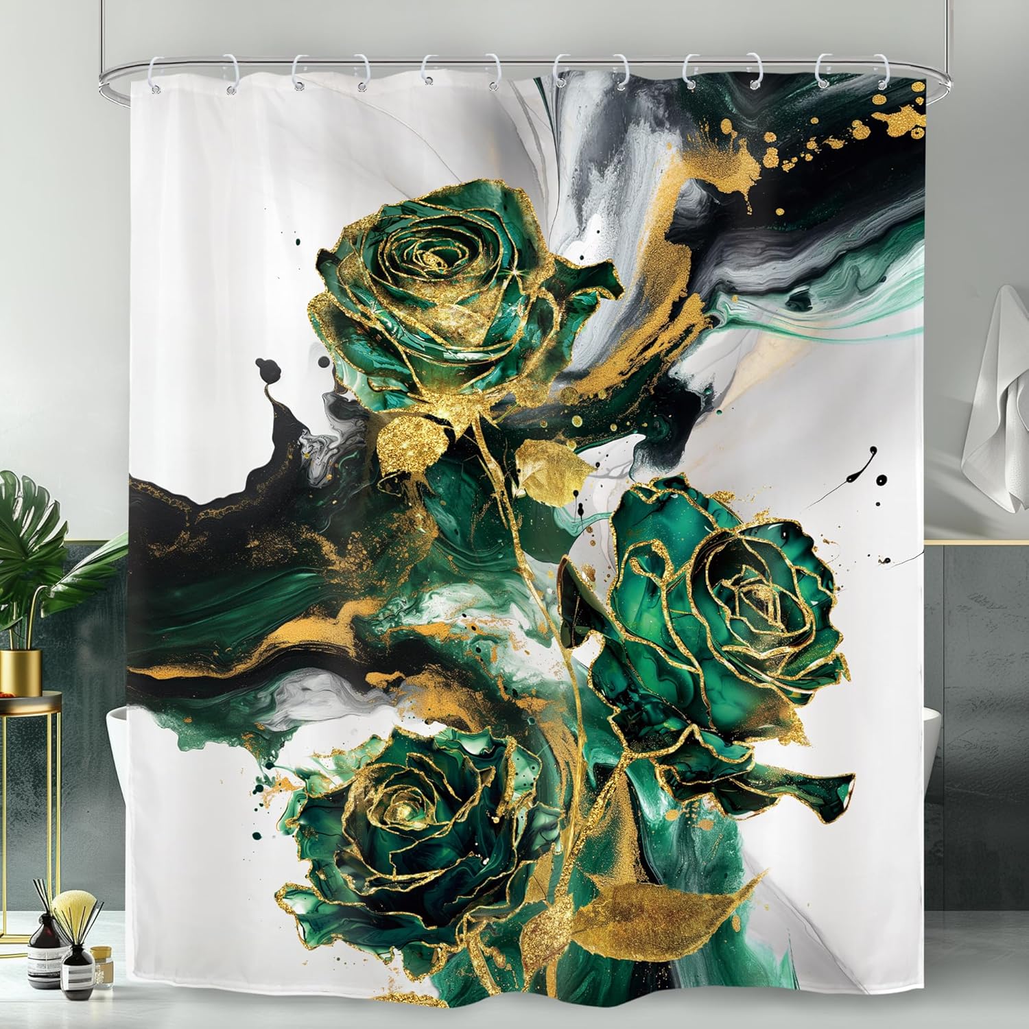 Omifly Black White Gold Marble Shower Curtain Sets 4Pcs Abstract Modern Luxury Gray Ombre Aesthetic Texture Bathroom Decor Set with 12 Hooks, Rugs and Accessories with Bath Mat and Toilet Lid Cover