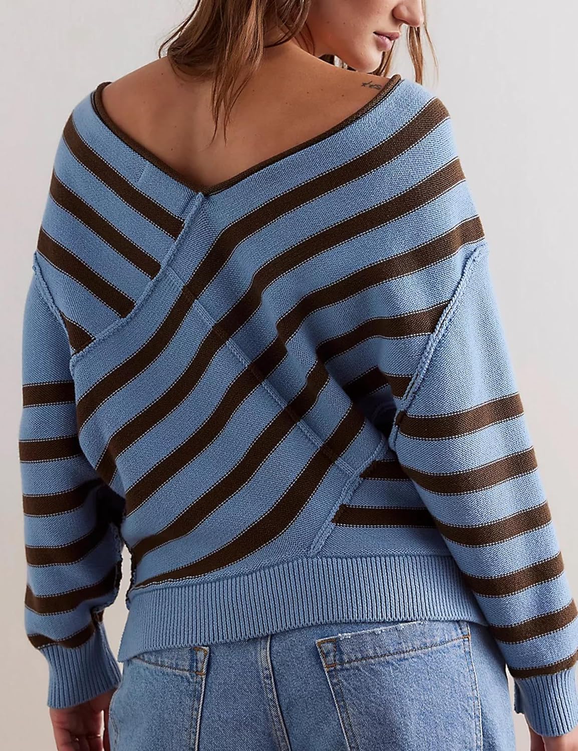Women's Long Sleeve Striped Color Block Knitted Sweater V Neck Oversized Pullover Jumper Tops - Image 2