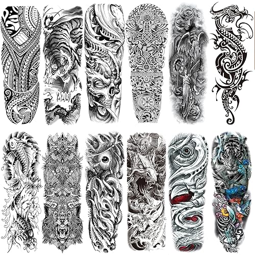 Tatuaje temporal de brazo completo de Halloween para hombres, 12 hojas de largo x 19 pulgadas de ancho x 7 pulgadas, tatuajes falsos impermeables